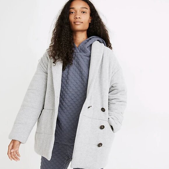 MADEWELL Organic Cotton Heather Cement Grey Sweatshirt Puffer Coat - Picture 2 of 10